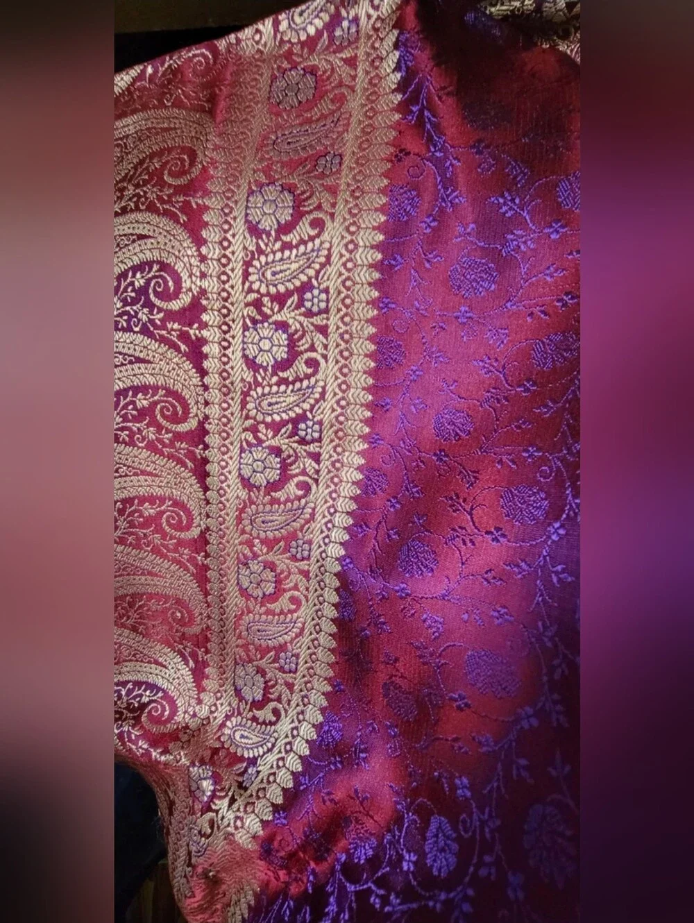 New J.Peterman shawl wrap purple mauve gold-tone shimmer rayon fringes $250